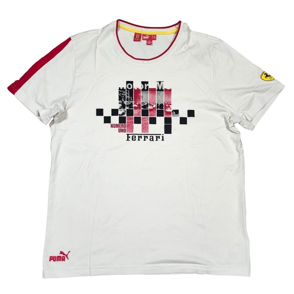 Puma Scuderia Ferrari Numero Uno Mens Lg T-Shirt Cream Checkered Racing Graphic